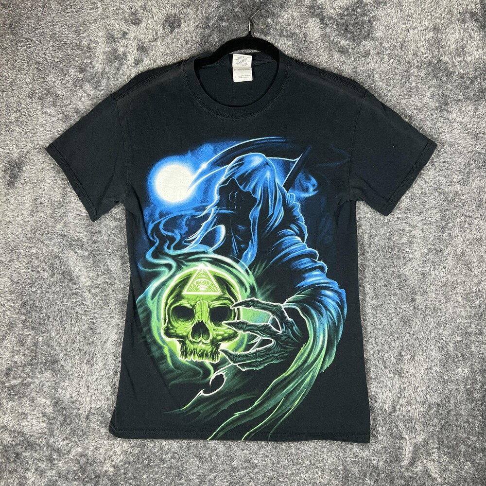 Skull Reaper Shirt Mens S Black Graphic Print Illuminati Punk Skater Metal